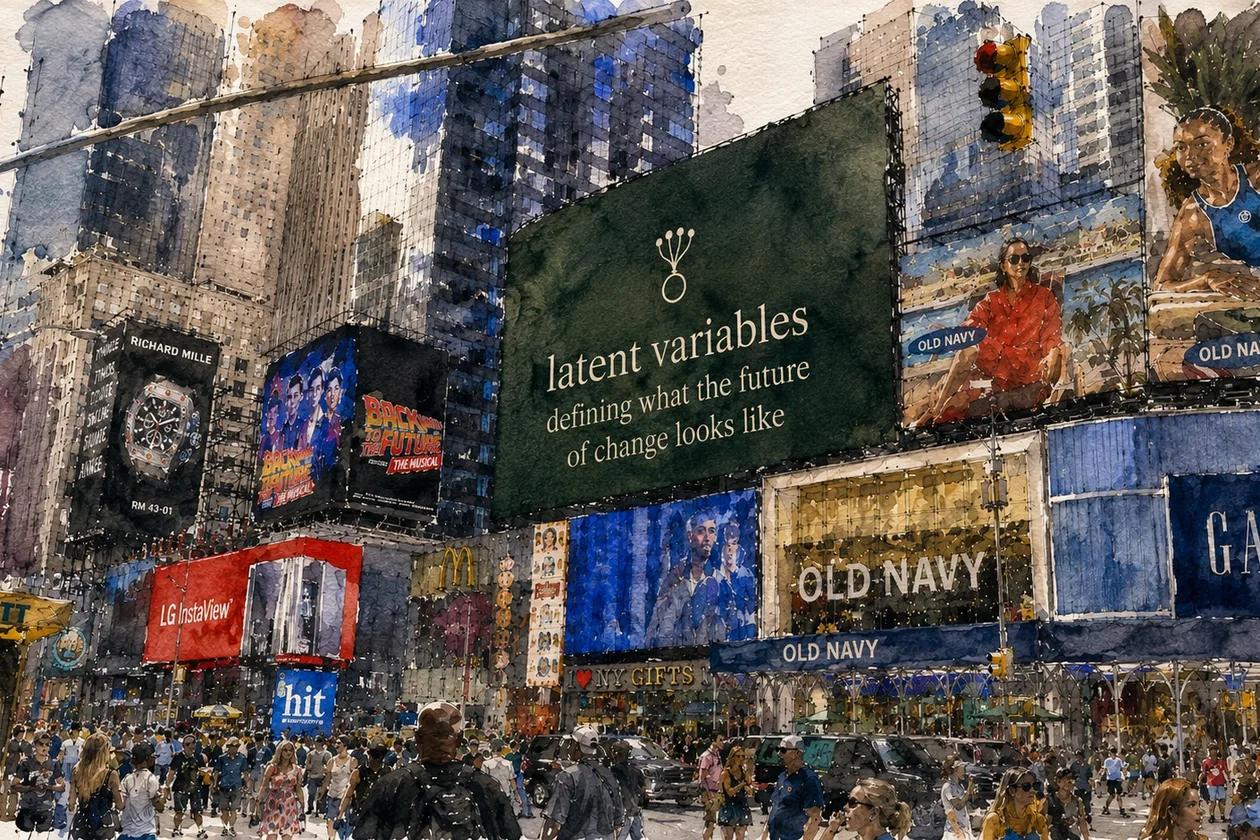 A Latent Variables billboard over Times Square, in watercolor