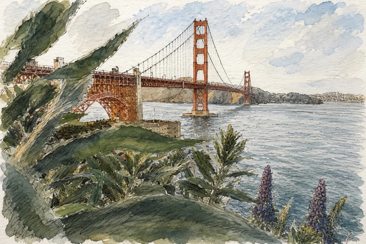 The Golden Gate Bridge, in watercolor