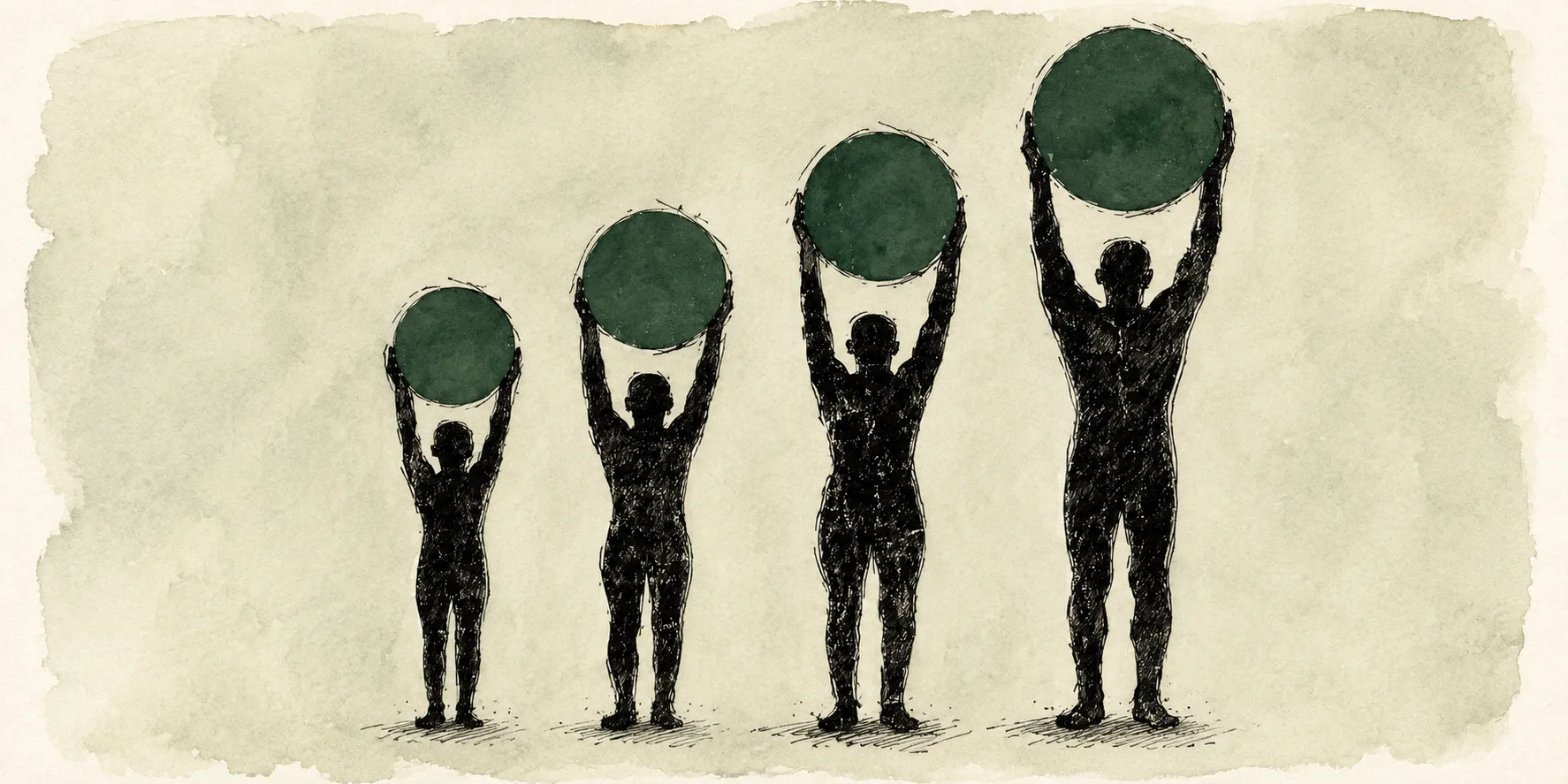 Ink drawing of four figures of increasing size, each lifting a larger green sphere.
