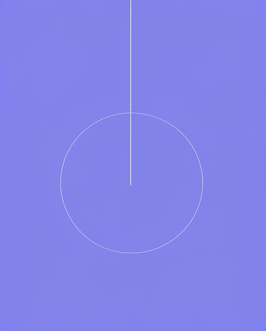 Line drawing of a thread joining a circle on a periwinkle field.