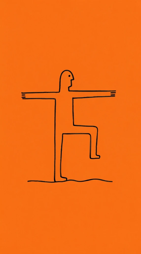 Line drawing of a figure stepping upward on an orange field.