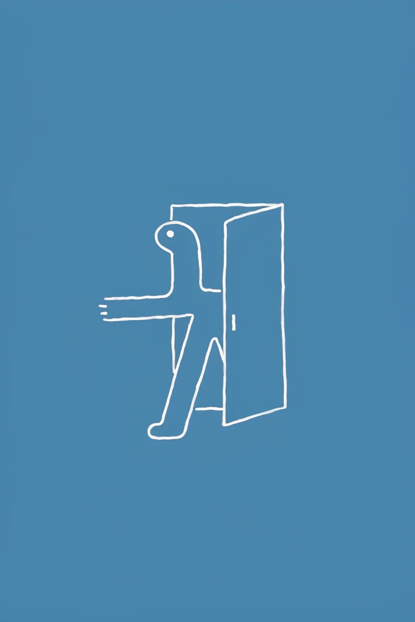 Line drawing of a figure stepping through a door on a blue field.